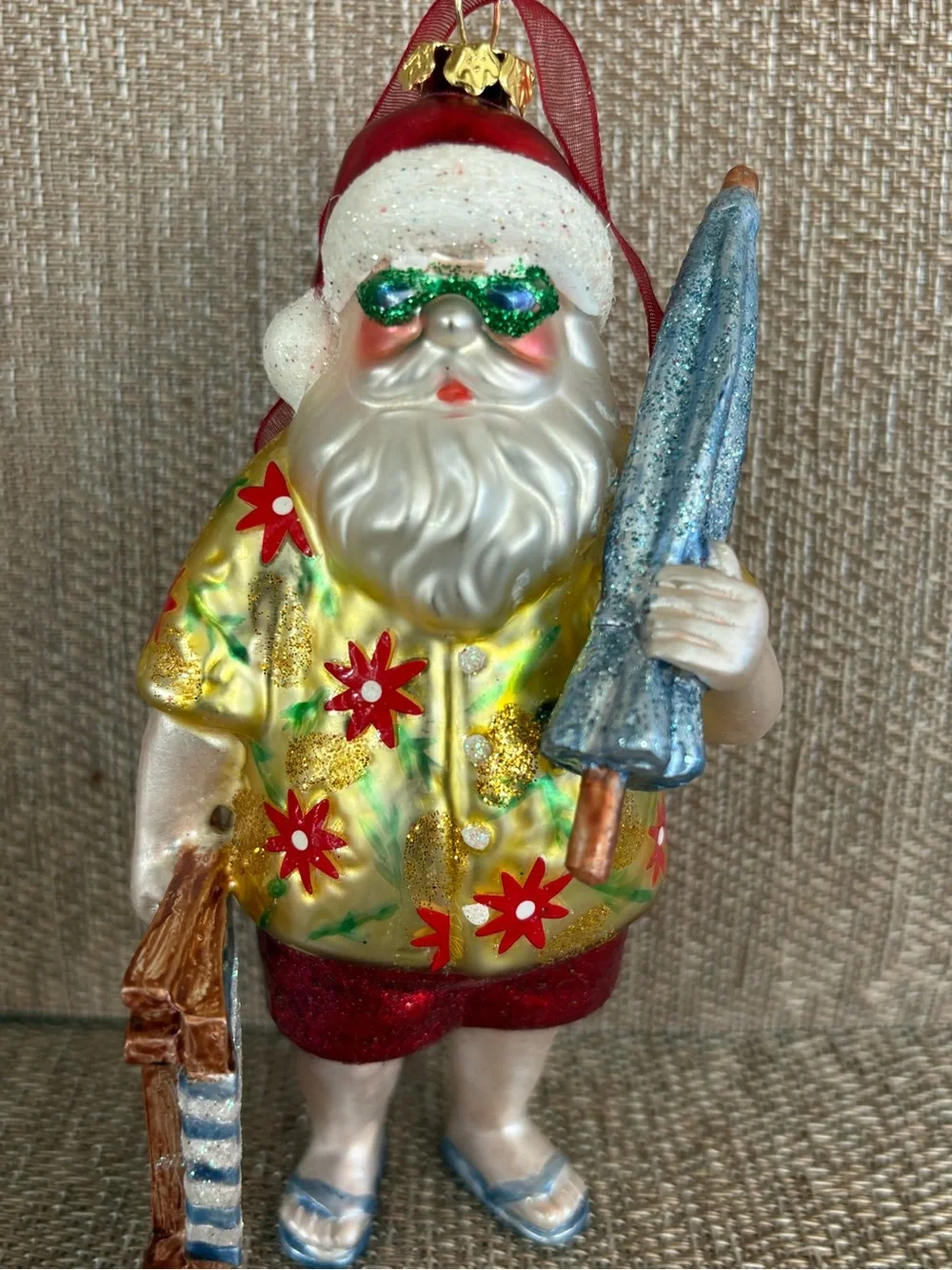 Santa Xmas Ornament Summer Beach Vacation With Beach Chair Umbrella 7” Tall NEW